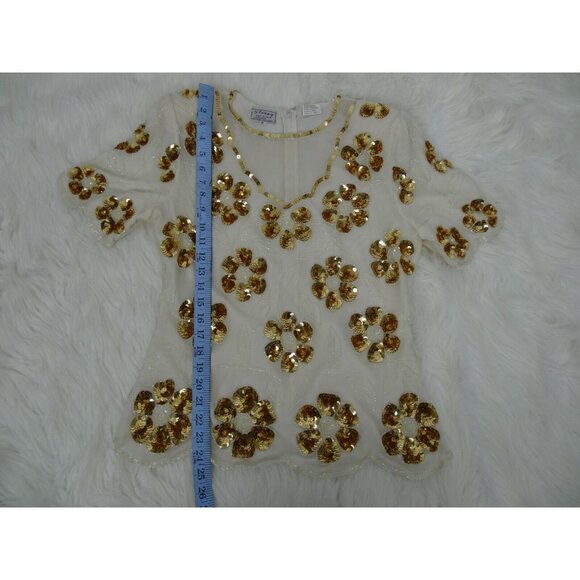 Vintage Stenay Blouse Womans  M 100% Silk Gold Sequin Beaded Top Cream Short Slv - Picture 7 of 12